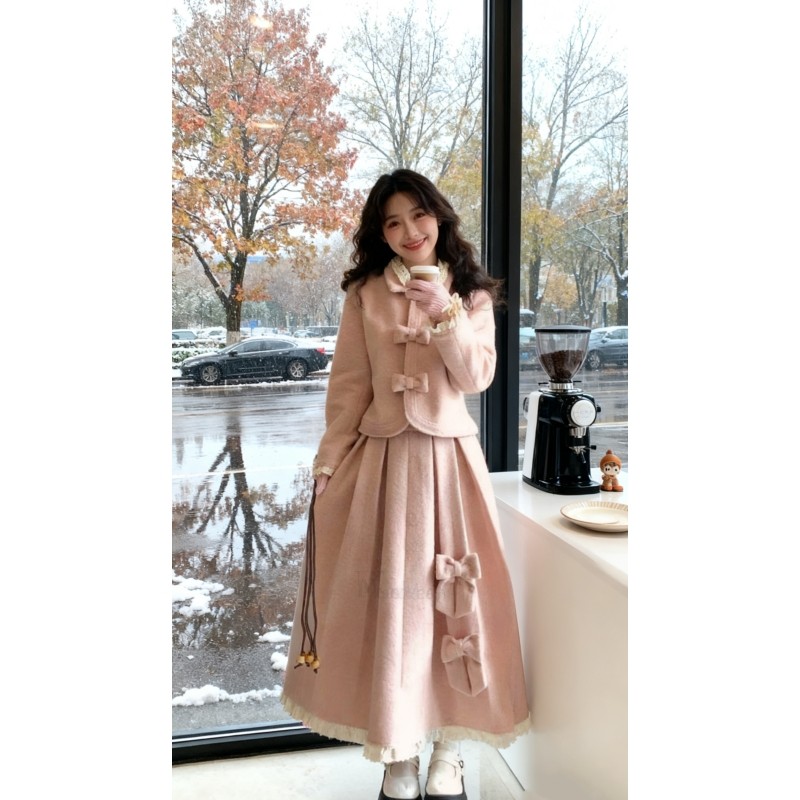 甜美温柔风毛呢小香风公主风套装粉色少女感蝴蝶结外套中长裙套装,女装/女士精品,时尚套装,淘宝优惠券,粉丝福利购,淘宝优惠卷