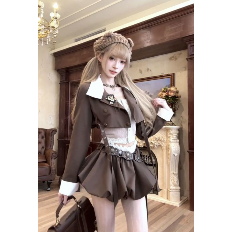 秋冬美拉德复古时尚辣妹套装棕色西装短外套蕾丝吊带花苞裙三件套,女装/女士精品,时尚套装,淘宝优惠券,粉丝福利购,淘宝优惠卷