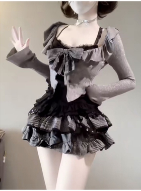 甜辣chic少女软妹洛丽塔灰色开衫外套拼接蕾丝吊带上衣蓬蓬裙套装