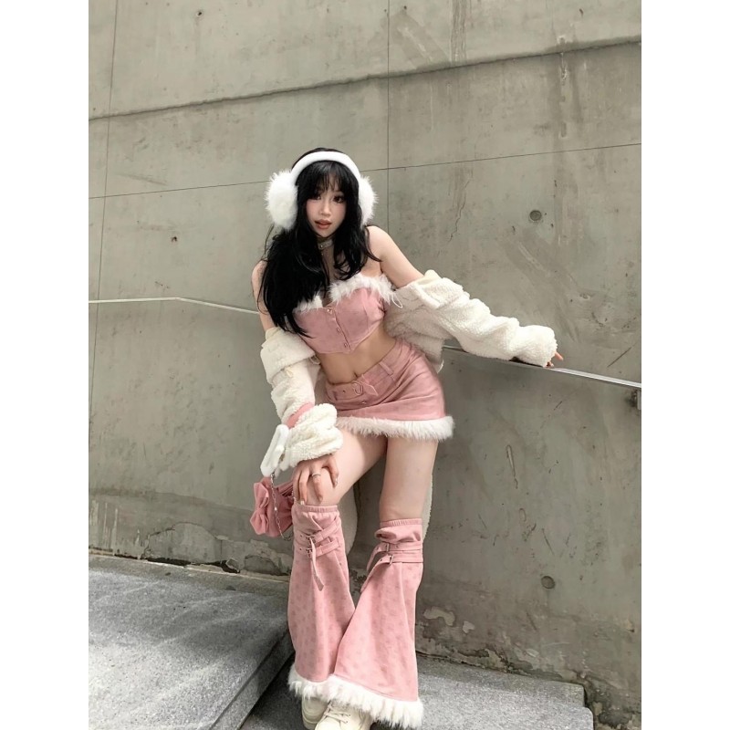 冬季女团风甜辣可爱兔耳朵羊毛羔外套抹胸内搭半身裙腿套四件套裙