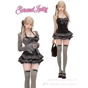 甜辣chic少女感黑色蕾丝拼接吊带背心荷叶边灰色显瘦开衫 蛋糕裙子