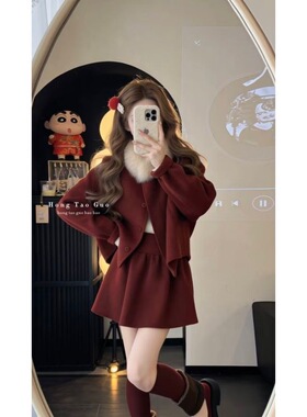 韩系休闲风氛围感套装红色毛呢拼接毛领外套半身裙时尚减龄两件套