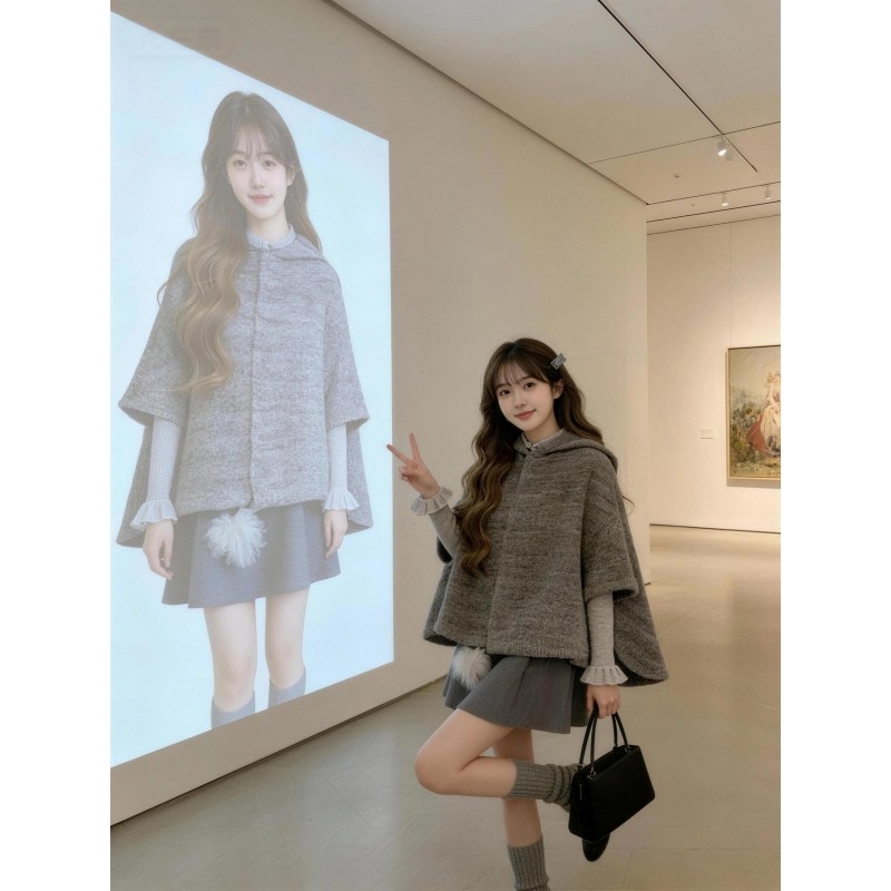 法式复古千金小香风灰色斗篷披肩外套打底衣内搭百褶裙冬季三件套