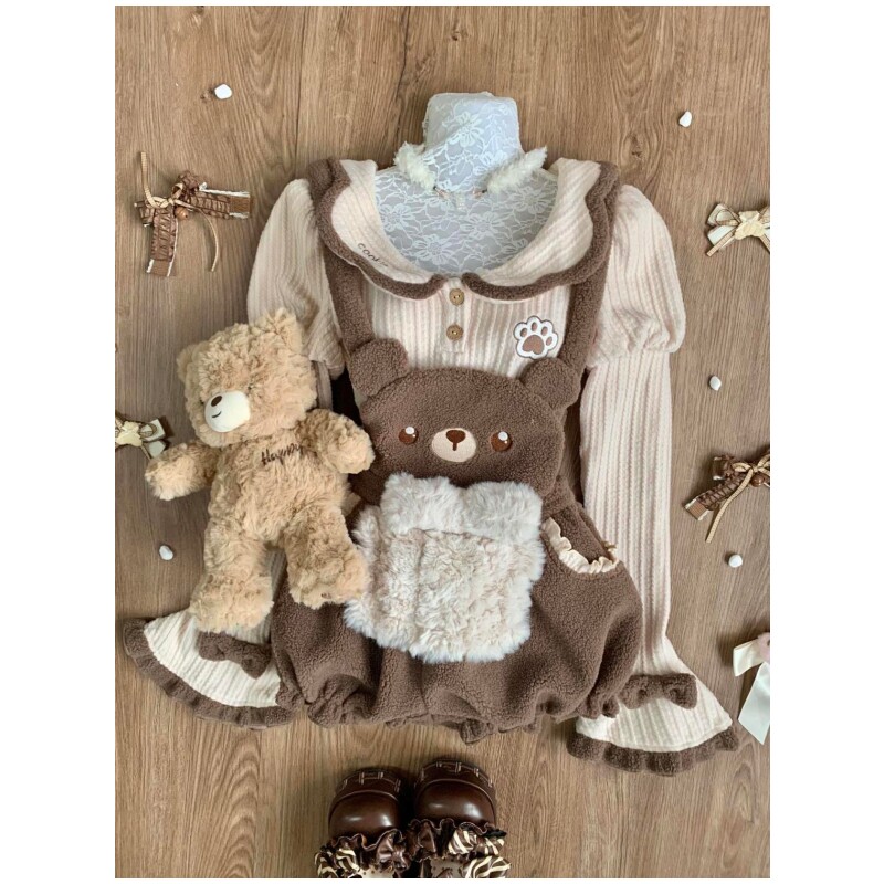 日系软妹甜美可爱Lolita裙佯装娃娃领针织上衣棕色小熊刺绣背带裙,女装/女士精品,时尚套装,淘宝优惠券,粉丝福利购,淘宝优惠卷