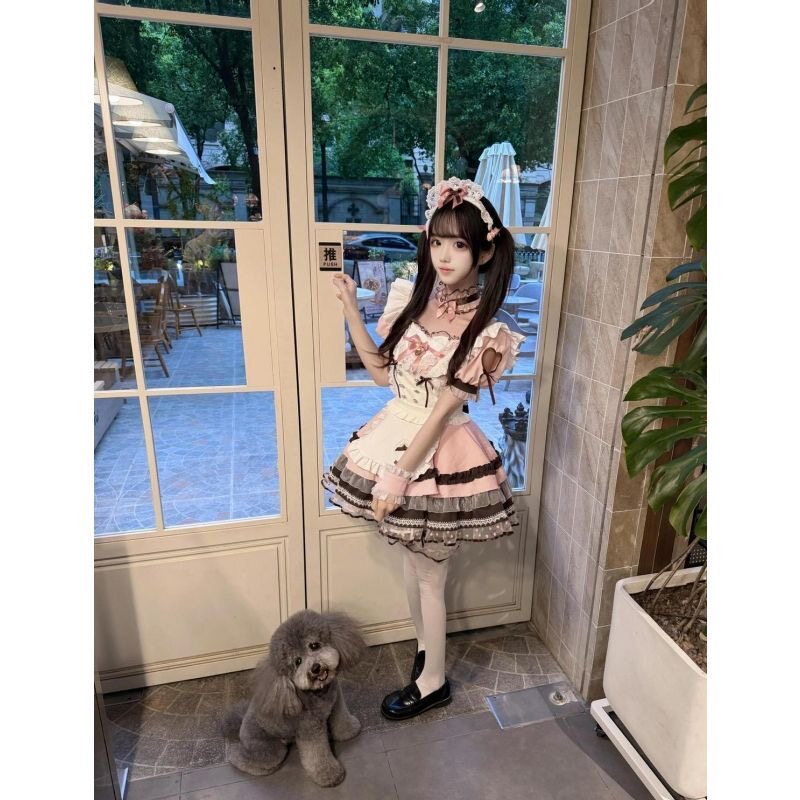 日系甜美可爱Lolita套装蕾丝蝴蝶结拼接收腰显瘦连衣裙围裙两件套图片