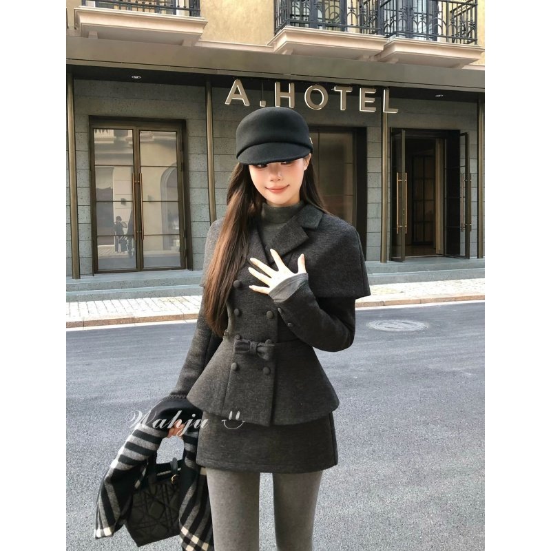 千金风翻领毛呢外套半裙套装女冬季复古灰色显瘦短裙小香风两件套