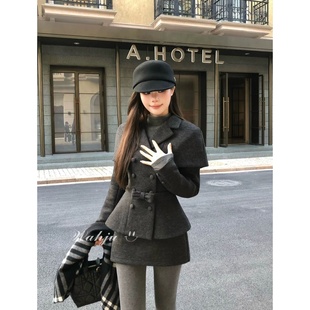 千金风翻领毛呢外套半裙套装 复古灰色显瘦短裙小香风两件套 女冬季