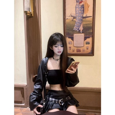 早秋甜酷辣妹机车服黑色皮衣套装