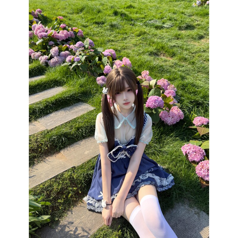 可爱甜妹娃娃裙女夏季设计感假两件拼接网纱蝴蝶结宽松连衣裙短裙