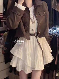 早秋穿搭复古长袖白色连衣裙收腰系带短款夹克外套时尚两件套装裙