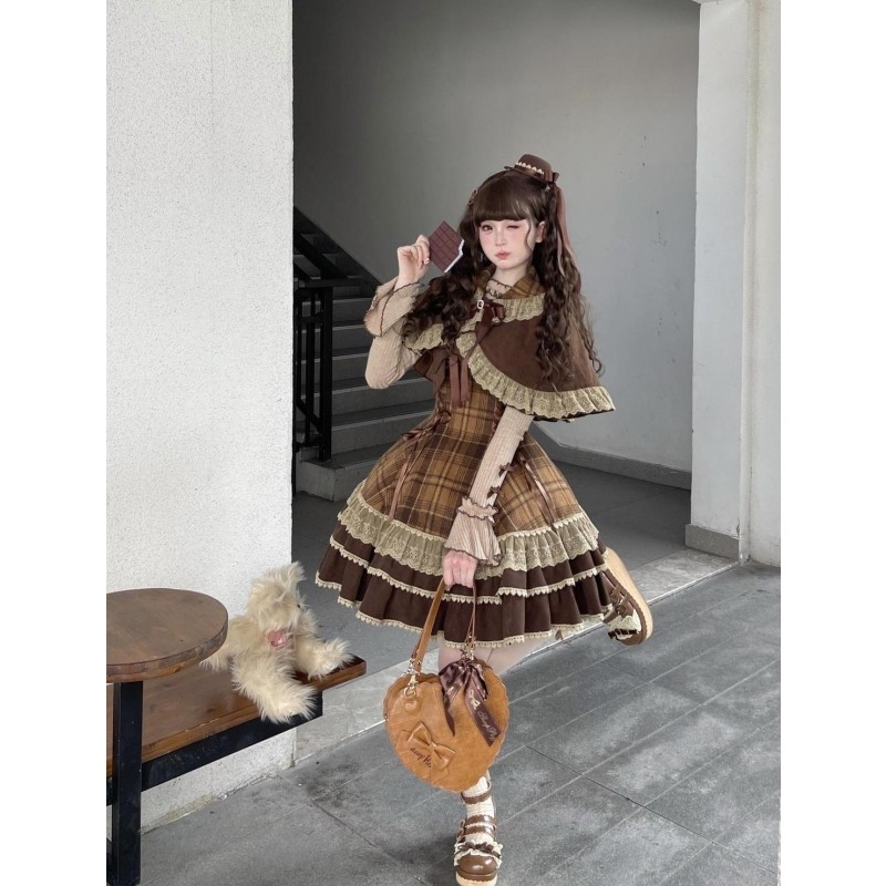 秋冬法式Lolita裙可爱软妹风复古格纹背带蓬蓬裙斗篷外套三件套女,女装/女士精品,时尚套装,淘宝优惠券,粉丝福利购,淘宝优惠卷