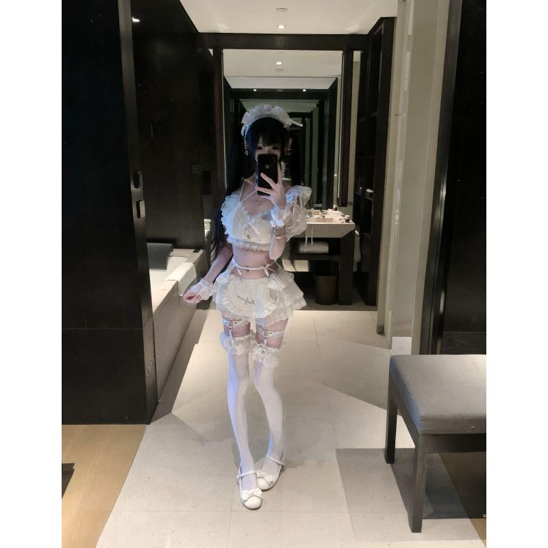 新款软妹少女感甜美可爱蝴蝶结蕾丝蝴蝶结短款上衣低腰短裙两件套