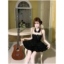 纯欲风高级感小黑裙女拼接蕾丝挂脖收腰连衣裙女夏季 生日礼服短裙