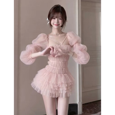 甜美减龄超好看粉色纱网连衣裙