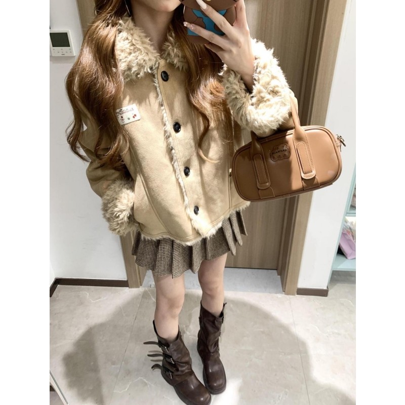 冬季新款韩系复古毛毛翻领外套收腰显瘦格纹高腰百褶裙减龄两件套,女装/女士精品,时尚套装,淘宝优惠券,粉丝福利购,淘宝优惠卷