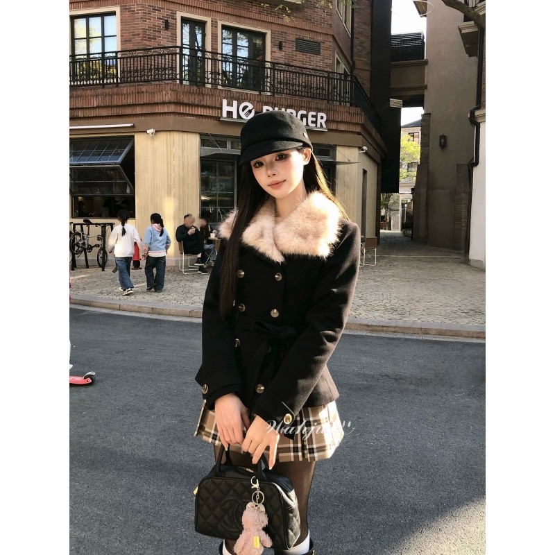 秋冬千金风毛领双排扣黑色毛呢外套格纹半身裙气质新年两件套装女,女装/女士精品,时尚套装,淘宝优惠券,粉丝福利购,淘宝优惠卷