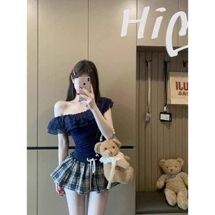 裙格纹短裙套装 纯欲风辣妹一字肩斜肩t恤百搭上衣女夏季 独特套装