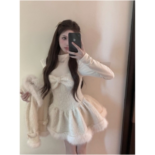 法式名媛小香风可爱少女感毛绒拼接外套假两件重新蓬蓬裙冬裙套装