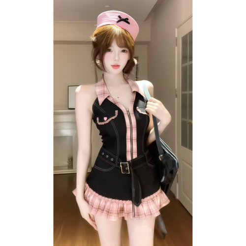 千禧辣妹风黑粉牛仔连衣裙