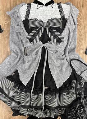 甜美可爱少女感洛丽塔灰色系带荷叶边开衫蝴蝶结拼接吊带半身裙女