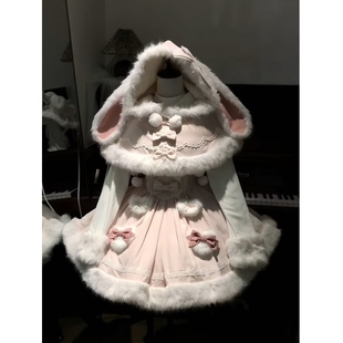 甜美可爱风毛绒拼接毛领兔耳朵披肩套装 女秋冬少女感蓬蓬裙两件套