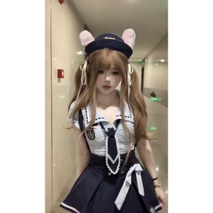 夏季新款甜美学院少女感修身短袖上衣双排扣高腰显瘦背带裙两件套