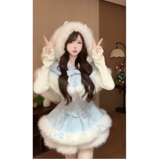 甜美少女感氛围感Lolita裙冬装 兔耳朵斗篷外套蝴蝶结背带裙三件套