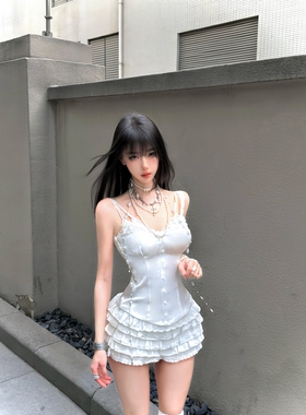 初夏绝美辣妹套装裙白色蕾丝假两件吊带白色蓬蓬蛋糕裙气质两件套