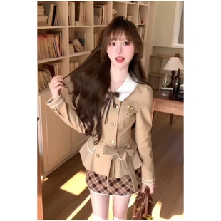 蝴蝶结外套格纹半身裙套装 法式 千金感英伦风收腰双排扣卡其色短款