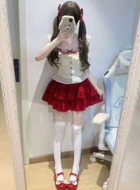 夏季甜辣少女chic复古红色学院风小飞袖蝴蝶结上衣蓬蓬短裙两件套