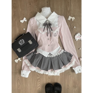 开春季 高腰灰色百褶裙两件套 甜妹穿搭粉色学院风制服假两件衬衣