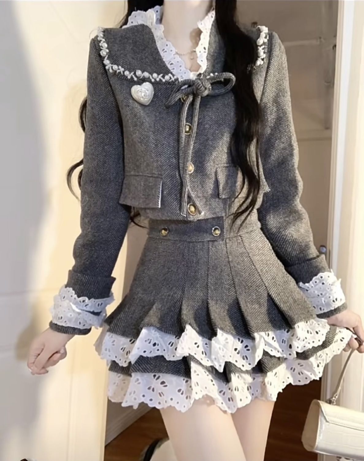 韩系甜辣名媛复古学院风设计感蕾丝边v领系带外套双层百褶裙套装,女装/女士精品,时尚套装,淘宝优惠券,粉丝福利购,淘宝优惠卷