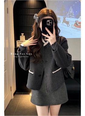 冬装独特超好看毛呢套装灰色高级感优雅风千金感外套半身裙两件套