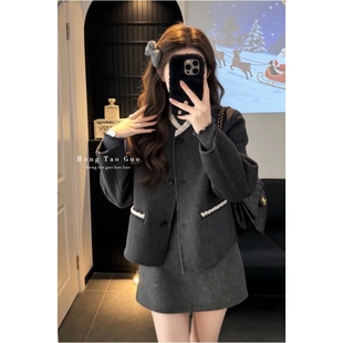 冬装独特超好看毛呢套装灰色高级感优雅风千金感外套半身裙两件套