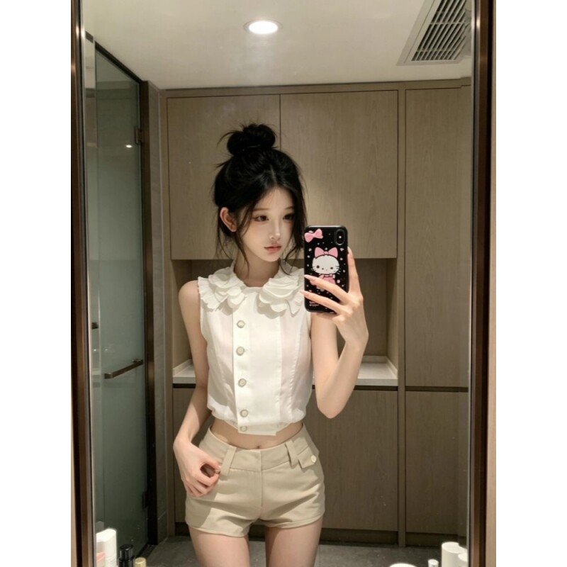 夏季新款韩系穿搭轻奢风无袖背心拼接花朵气质衬衫上衣短裤两件套
