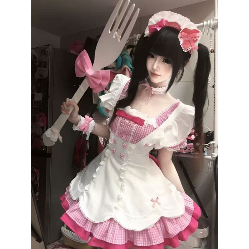 日系甜美风女仆装洛丽塔Lolita裙拼接粉色格子假两件背带蓬蓬裙女