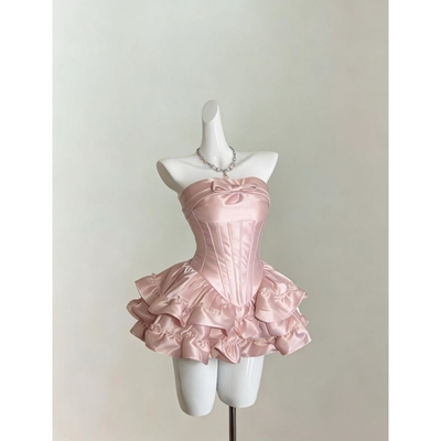 新款法式千金公主风甜美名媛高级设计蝴蝶结抹胸收腰蓬蓬连衣短裙