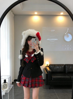 甜美学院风氛围感套装红色拼接格子海军领上衣百褶裙时尚两件套女