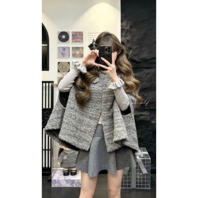 秋冬新款韩系高级千金感小香风斗篷针织打底上衣拼接短裙三件套女,女装/女士精品,时尚套装,淘宝优惠券,粉丝福利购,淘宝优惠卷
