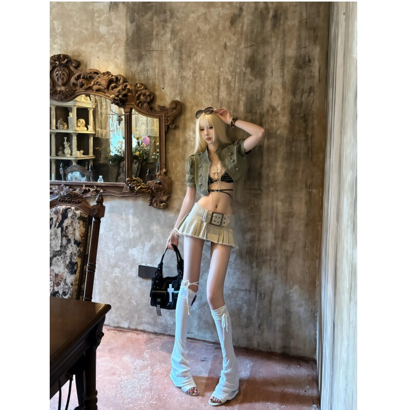 美式甜酷辣妹风亚文化穿搭双排扣短款外套搭配低腰百褶裙两件套女