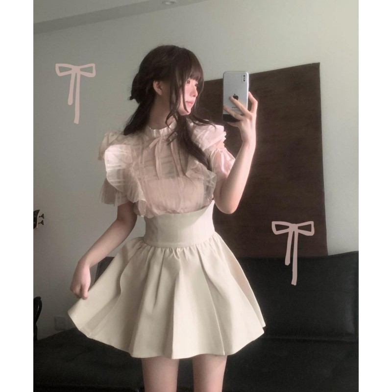 夏季日系学院风甜美少女泡泡袖拼接荷叶边上衣高腰显瘦半身裙套装