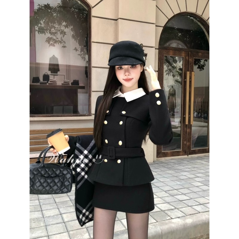 富家千金感撞色翻领双排扣毛呢收腰外套半身裙短裙冬季高级感套装