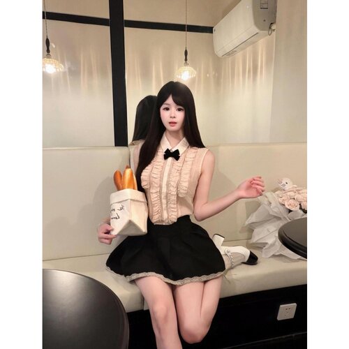 法式千金风小香风miu系套装裙无袖蝴蝶结木耳边上衣半身裙两件套