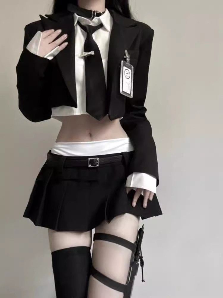 纯欲学院风辣妹西装春秋季新款短款衬衣西装拼接短裙JK三件套装裙,女装/女士精品,时尚套装,淘宝优惠券,粉丝福利购,淘宝优惠卷