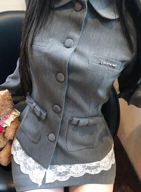 韩系学院富家千金套装裙灰色拼接蕾丝西装外套高腰修身包臀裙套装
