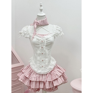 甜辣妹泡泡袖挂脖拼接粉色格子修身上衣女夏季格子蓬蓬蛋糕裙套装