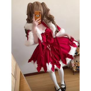 冬季新年圣诞战袍洛丽塔红色Lolita裙重工连帽斗篷蝴蝶结蓬蓬裙女