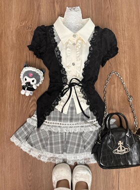 夏季暗黑系芭蕾风甜美拼接撞色镂空蕾丝假两件衬衣灰色格子两件套