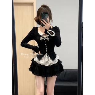 纯欲风辣妹黑色假两件蕾丝拼接长袖 女 针织上衣高腰蛋糕裙显瘦套装