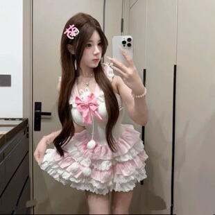 夏季 蝴蝶结撞色拼接蛋糕蓬蓬裙连衣裙女 甜辣软妹风少女感粉色无袖